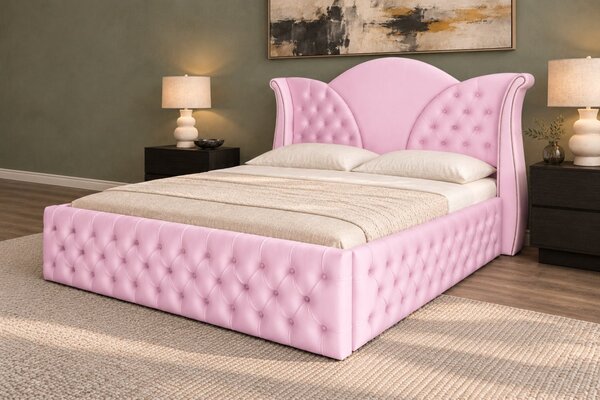 Pat tapițat Chesterfield din catifea Velora Deluxe Classic 140×200 cm, roz, cu ladă de depozitare