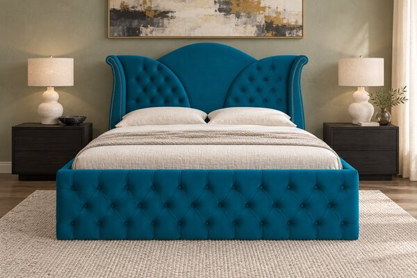 Pat tapițat Chesterfield din catifea Velora Deluxe Classic 140×200 cm, turcoaz, cu ladă de depozitare