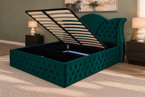 Pat tapițat Chesterfield din catifea Velora Deluxe Classic 140×200 cm, verde, cu ladă de depozitare