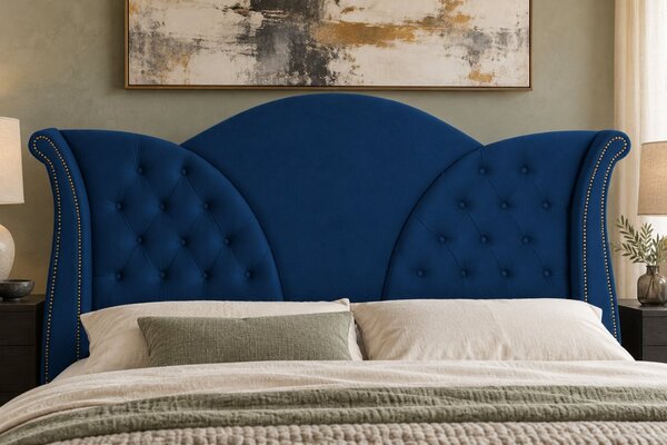 Pat tapițat Chesterfield din catifea Velora Deluxe Classic 140×200 cm, bleumarin, cu ladă de depozitare