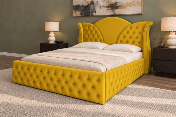 Pat tapițat Chesterfield din catifea Velora Deluxe Classic 140×200 cm, galben muștar, cu ladă de depozitare
