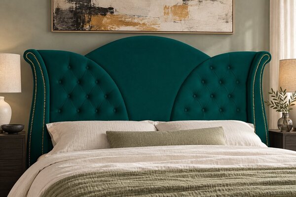 Pat tapițat Chesterfield din catifea Velora Deluxe Classic 140×200 cm, verde, cu ladă de depozitare