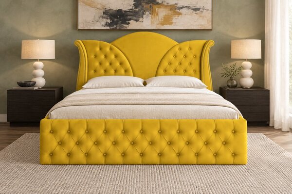 Pat tapițat Chesterfield din catifea Velora Deluxe Classic 140×200 cm, galben muștar, cu ladă de depozitare