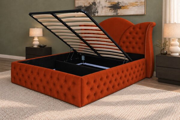 Pat tapițat Chesterfield din catifea Velora Deluxe Classic 140×200 cm, cărămiziu, cu ladă de depozitare