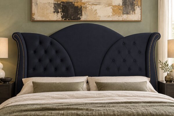 Pat tapițat Chesterfield din catifea Velora Deluxe Classic 140×200 cm, negru, cu ladă de depozitare