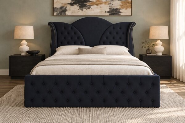 Pat tapițat Chesterfield din catifea Velora Deluxe Classic 140×200 cm, negru, cu ladă de depozitare