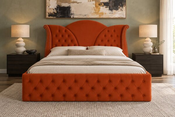Pat tapițat Chesterfield din catifea Velora Deluxe Classic 140×200 cm, cărămiziu, cu ladă de depozitare
