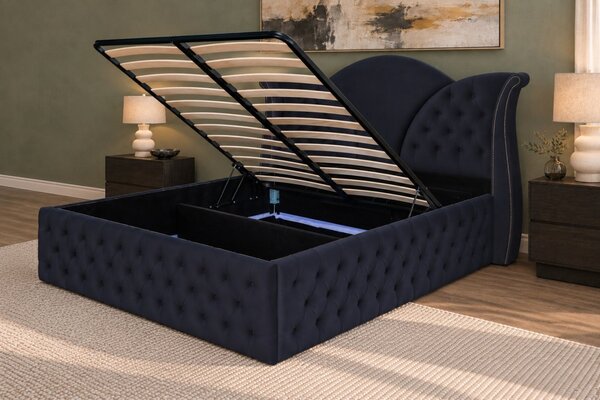 Pat tapițat Chesterfield din catifea Velora Deluxe Classic 140×200 cm, negru, cu ladă de depozitare