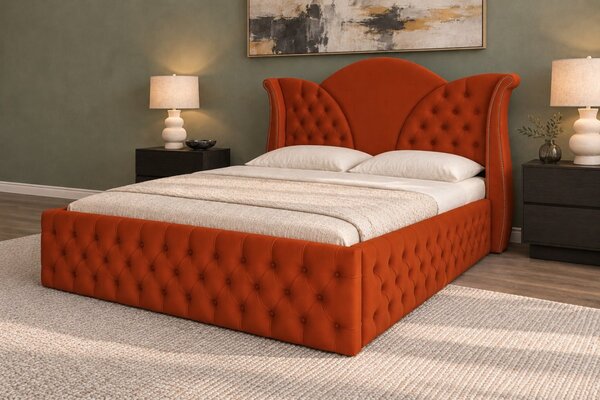 Pat tapițat Chesterfield din catifea Velora Deluxe Classic 140×200 cm, cărămiziu, cu ladă de depozitare