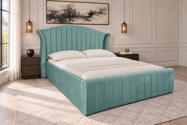 Pat tapițat din catifea Velluto Line 140×200 cm, verde marin, cu ladă de depozitare
