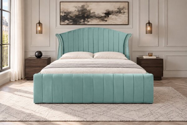 Pat tapițat din catifea Velluto Line 140×200 cm, verde marin, cu ladă de depozitare