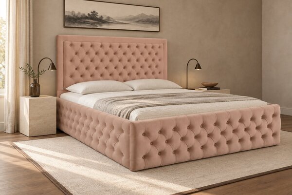 Pat tapițat Chesterfield din catifea Ophelia Deluxe 120×200 cm, cappuccino, cu ladă de depozitare