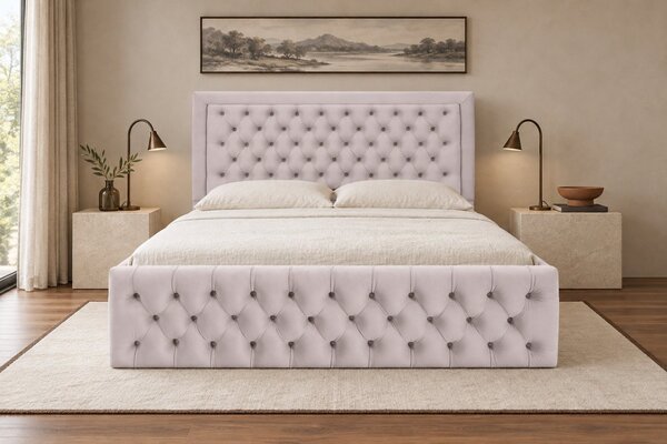 Pat tapițat Chesterfield din catifea Ophelia Deluxe 120×200 cm, crem, cu ladă de depozitare