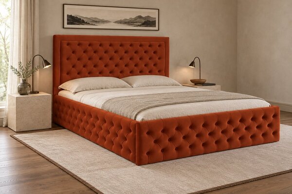 Pat tapițat Chesterfield din catifea Ophelia Deluxe 120×200 cm, cărămiziu, cu ladă de depozitare