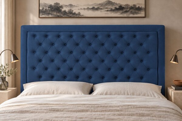 Pat tapițat Chesterfield din catifea Ophelia Deluxe 120×200 cm, albastru, cu ladă de depozitare