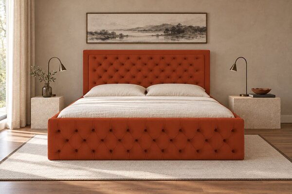 Pat tapițat Chesterfield din catifea Ophelia Deluxe 120×200 cm, cărămiziu, cu ladă de depozitare