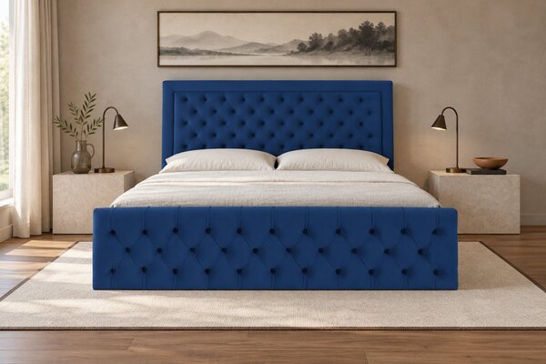 Pat tapițat Chesterfield din catifea Ophelia Deluxe 120×200 cm, albastru, cu ladă de depozitare
