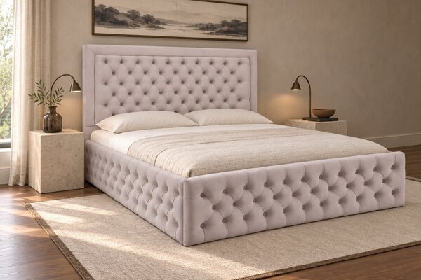 Pat tapițat Chesterfield din catifea Ophelia Deluxe 120×200 cm, crem, cu ladă de depozitare