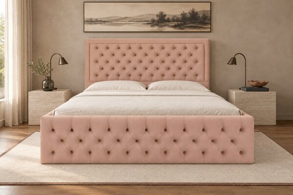 Pat tapițat Chesterfield din catifea Ophelia Deluxe 120×200 cm, cappuccino, cu ladă de depozitare