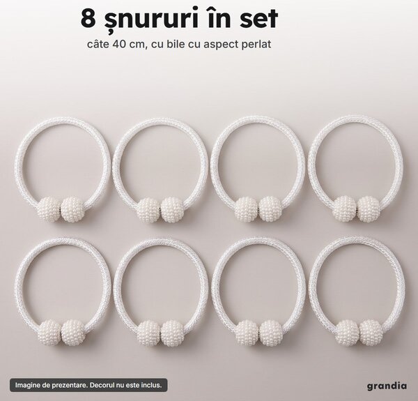 Set 8 șnururi magnetice pentru draperii, cu bile perlate, 40 cm, alb