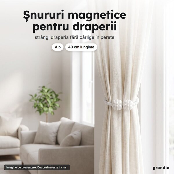 Set 8 șnururi magnetice pentru draperii, cu bile perlate, 40 cm, alb