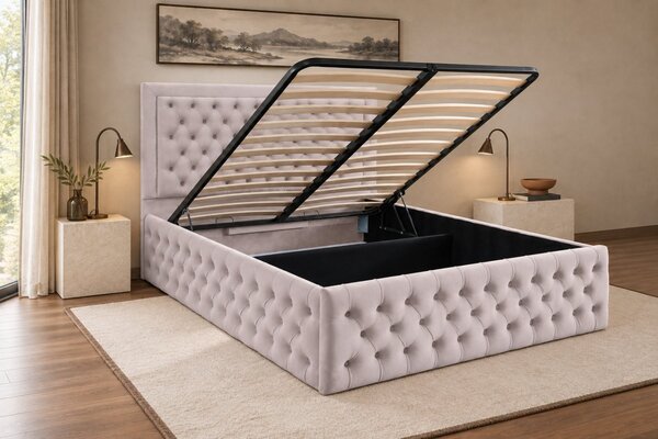 Pat tapițat Chesterfield din catifea Ophelia Deluxe 120×200 cm, crem, cu ladă de depozitare
