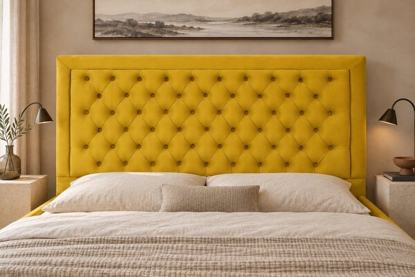 Pat tapițat Chesterfield din catifea Ophelia Deluxe 120×200 cm, galben muștar, cu ladă de depozitare