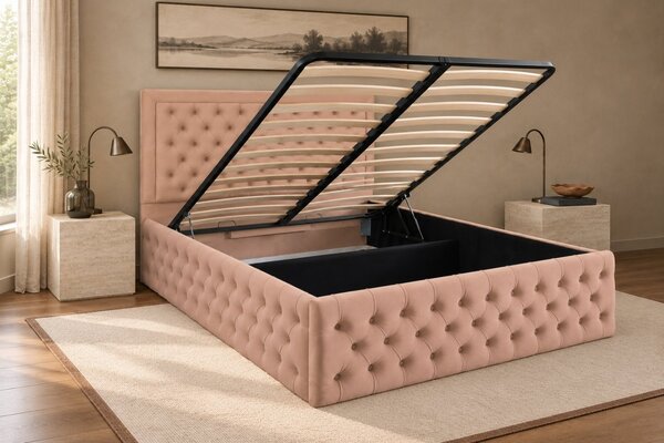 Pat tapițat Chesterfield din catifea Ophelia Deluxe 120×200 cm, cappuccino, cu ladă de depozitare