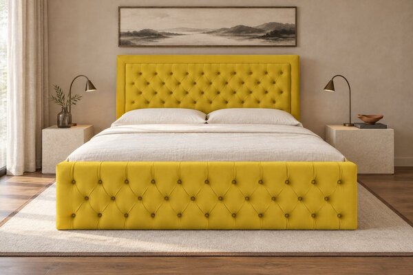 Pat tapițat Chesterfield din catifea Ophelia Deluxe 120×200 cm, galben muștar, cu ladă de depozitare