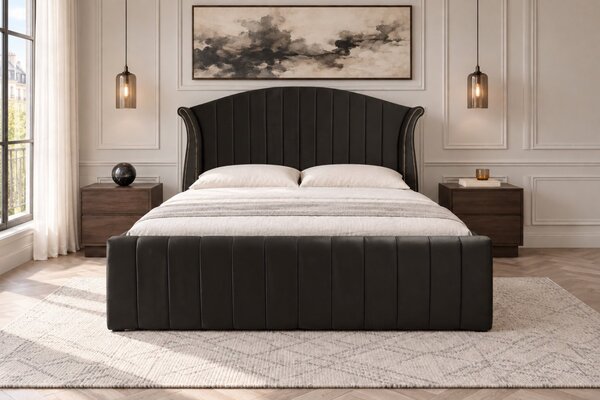 Pat tapițat din catifea Velluto Line 140×200 cm, negru, cu ladă de depozitare