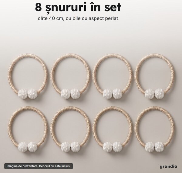 Set 8 șnururi magnetice pentru draperii, cu bile perlate, 40 cm, bej
