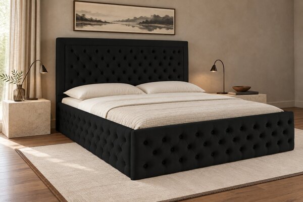 Pat tapițat Chesterfield din catifea Ophelia Deluxe 120×200 cm, negru, cu ladă de depozitare