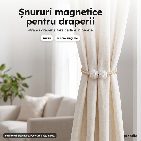 Set 8 șnururi magnetice pentru draperii, cu bile perlate, 40 cm, auriu
