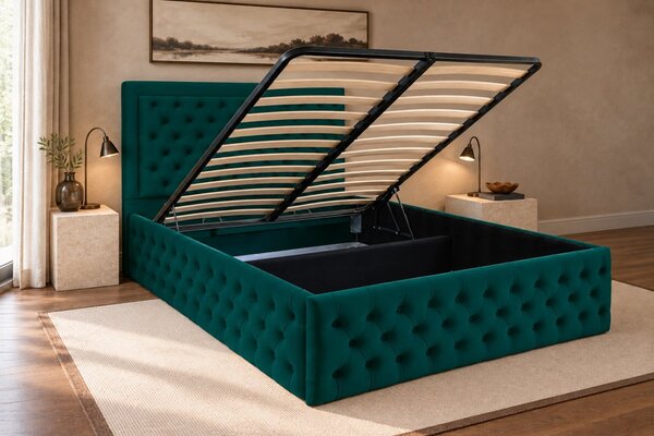 Pat tapițat Chesterfield din catifea Ophelia Deluxe 120×200 cm, verde, cu ladă de depozitare