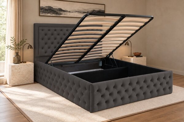Pat tapițat Chesterfield din catifea Ophelia Deluxe 120×200 cm, gri închis, cu ladă de depozitare