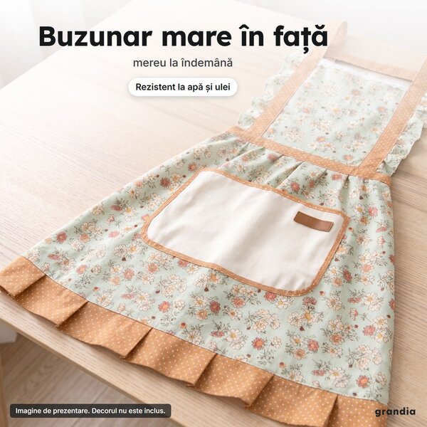Șorț de bucătărie floral cu dantelă, volane și buzunar mare, verde