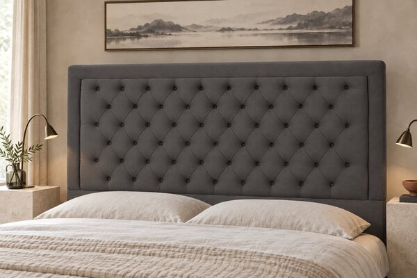 Pat tapițat Chesterfield din catifea Ophelia Deluxe 120×200 cm, gri închis, cu ladă de depozitare