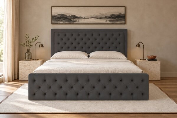 Pat tapițat Chesterfield din catifea Ophelia Deluxe 120×200 cm, gri închis, cu ladă de depozitare