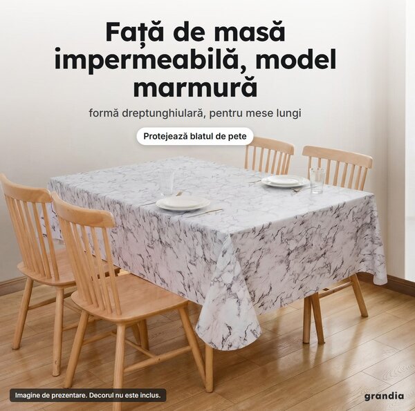 Față de masă impermeabilă dreptunghiulară, model marmură albă cu gri