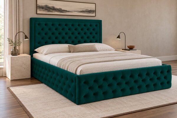 Pat tapițat Chesterfield din catifea Ophelia Deluxe 120×200 cm, verde, cu ladă de depozitare