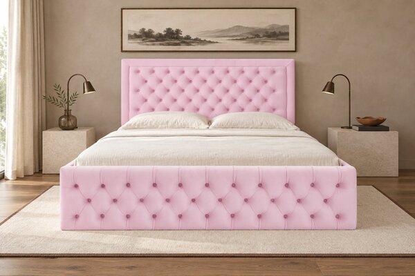 Pat tapițat Chesterfield din catifea Ophelia Deluxe 120×200 cm, roz, cu ladă de depozitare