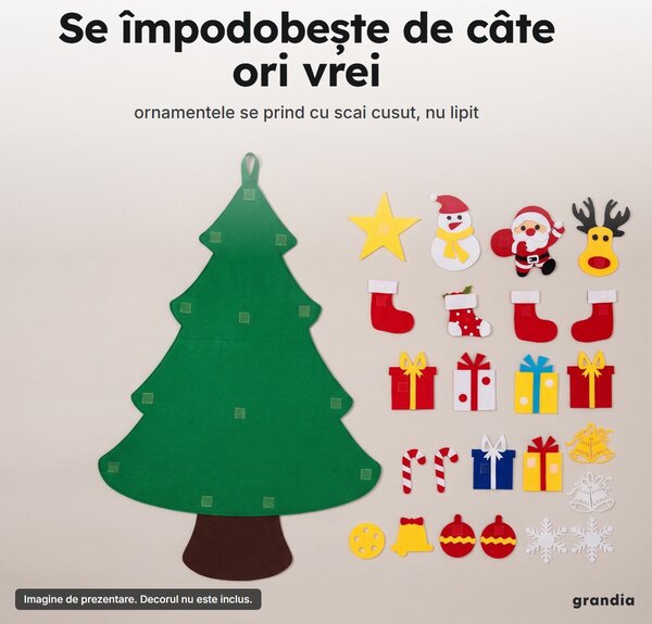 Brad de Crăciun din fetru pentru copii, cu 25 de ornamente detașabile, 100 × 70 cm