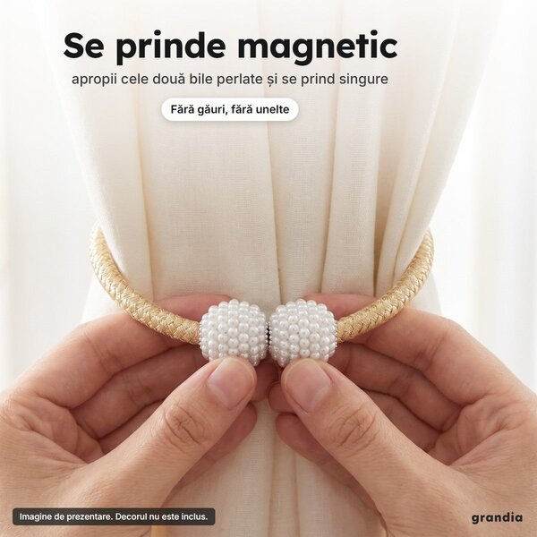 Set 8 șnururi magnetice pentru draperii, cu bile perlate, 40 cm, auriu