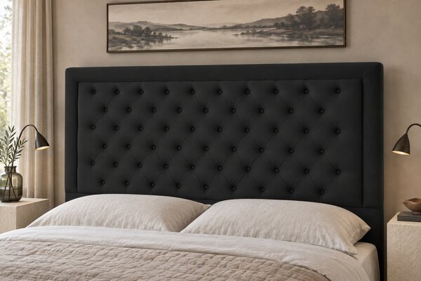 Pat tapițat Chesterfield din catifea Ophelia Deluxe 120×200 cm, negru, cu ladă de depozitare