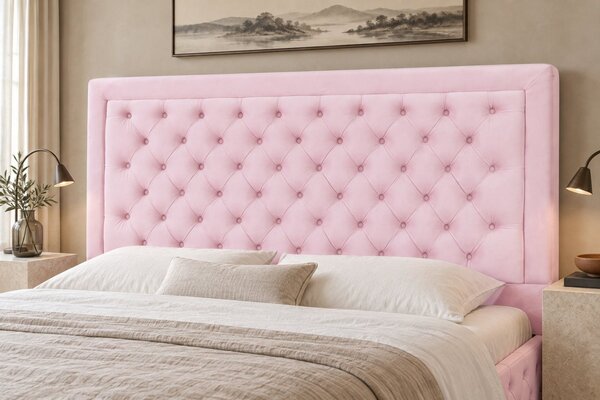 Pat tapițat Chesterfield din catifea Ophelia Deluxe 120×200 cm, roz, cu ladă de depozitare