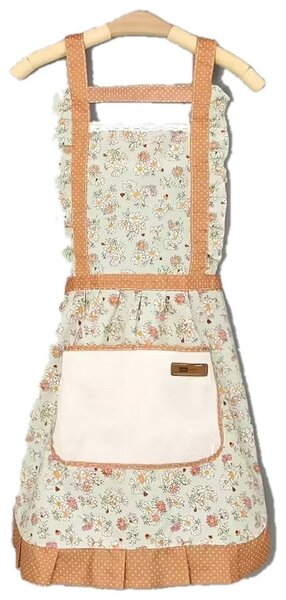 Șorț de bucătărie floral cu dantelă, volane și buzunar mare, verde
