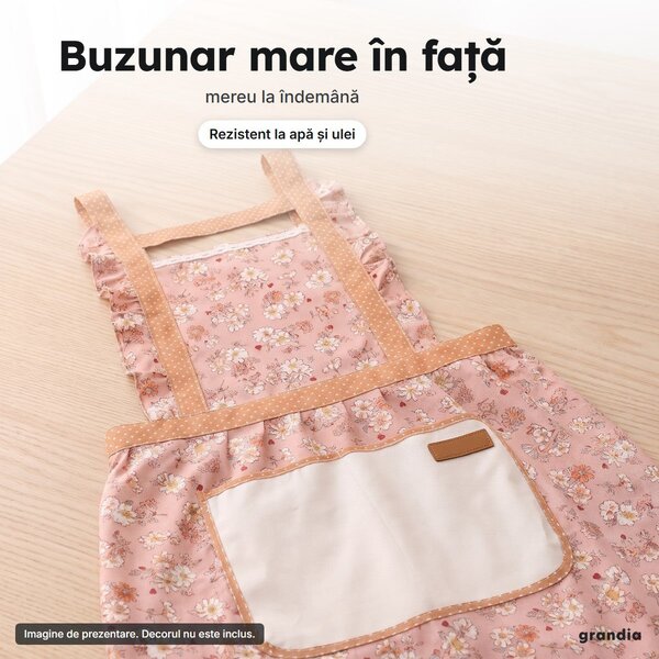 Șorț de bucătărie floral cu dantelă, volane și buzunar mare, roz