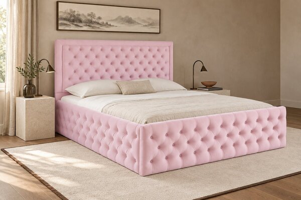 Pat tapițat Chesterfield din catifea Ophelia Deluxe 120×200 cm, roz, cu ladă de depozitare