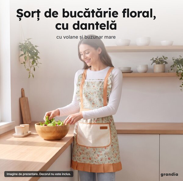 Șorț de bucătărie floral cu dantelă, volane și buzunar mare, verde