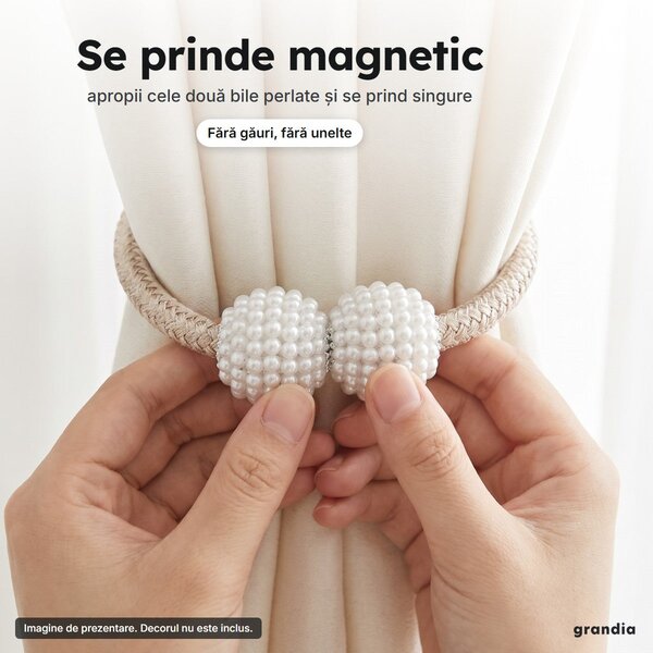 Set 8 șnururi magnetice pentru draperii, cu bile perlate, 40 cm, bej